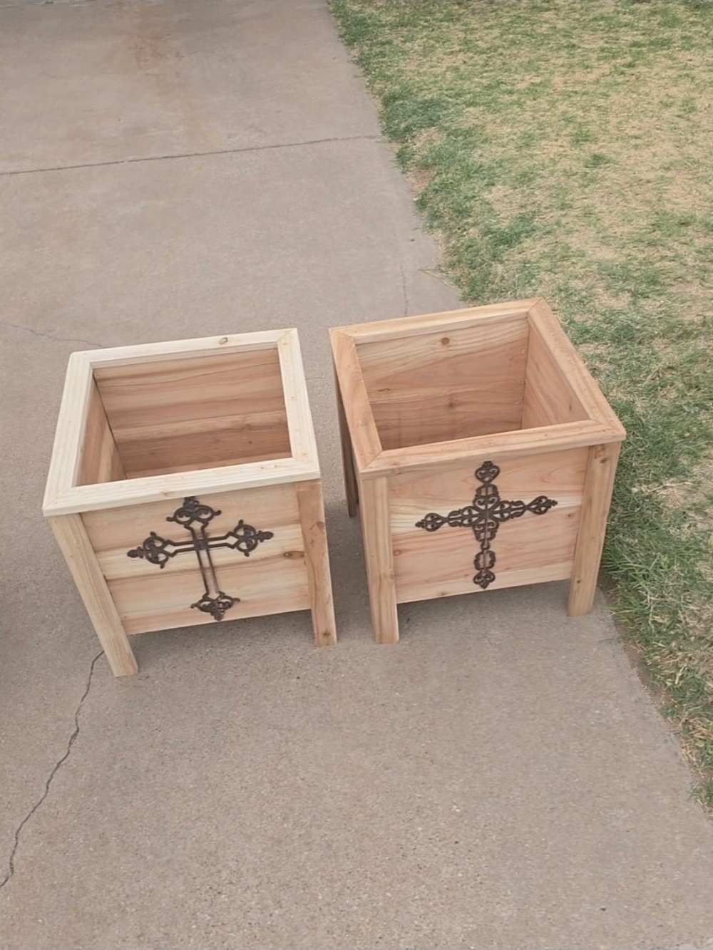 Handcrafted Wooden Planter Box with Decorative Cross - Natural Wood
